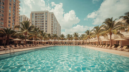 Fototapeta premium Hotel Swimming Pool Surrounded By Palm Trees And Resort Buildings