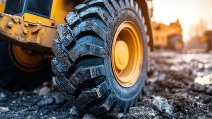 Close-up of a large construction vehicle tire on a rocky construction site