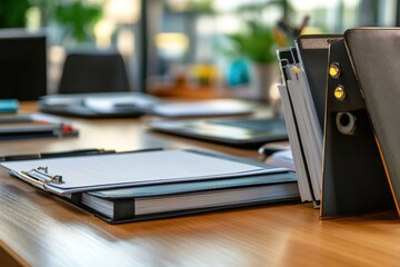 Labelled binder for company procedures on table, professional workplace setting