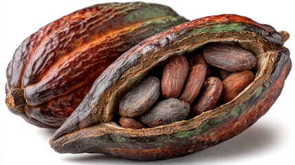 Close up of two cocoa pods one open showing the cocoa beans.