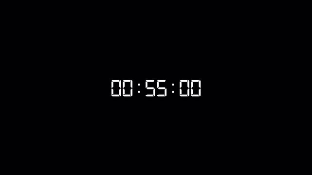 One minute digital countdown timer stopwatch animation from 60 to 0 seconds on transparent background with minutes, seconds, miliseconds, Countdown video with alpha channel.	
