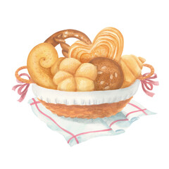 Watercolor food illustration of wicker basket filled with pastries: buns, croissants and pretzels, placed on napkin with red border. Good for bakery designs, packaging, cookbooks or food-themed prints