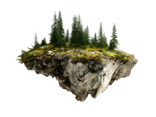 Floating rock island with pine trees isolated on transparent background
