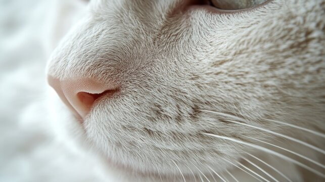 Close-up of a white cat's face, showcasing its pink nose and whiskers