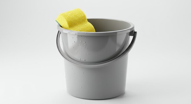 Gray plastic bucket with yellow sponge on white background