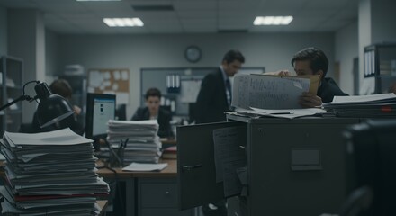 Fototapeta premium Employees work diligently in a busy corporate office environment surrounded by stacks of paperwork and filing cabinets.