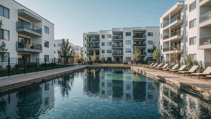 Obraz premium Apartment Building Complex Exterior with Swimming Pool