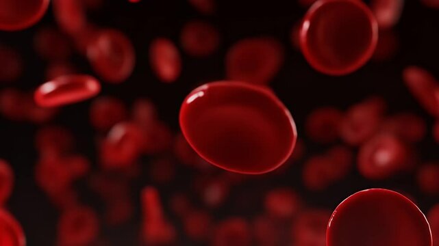Red blood cells in motion against a dark background