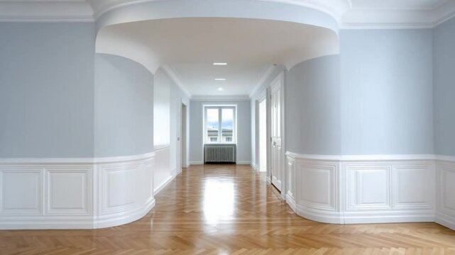 Empty corridor with herringbone parquet and white wainscoting