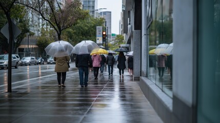Pedestrians with umbrellas traverse wet urban street during drizzle. Reflections abound with overcast lighting. AI generated.