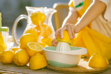 Child Squeezing Fresh Lemon Juice with Manual Juicer, Summer Citrus Drink Preparation, Healthy...