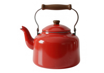 A vibrant red enameled kettle with a wooden handle stands against a black background.
