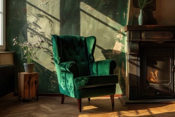 Cozy corner with a green velvet armchair next to a fireplace and warm light enhancing the wooden elements