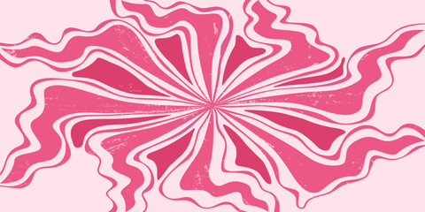 Dynamic radial pink candy sweet summer retro background. Bright candies ice cream wavy rays with swirl. Grunge texture.