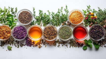 circular arrangement of herbal tea ingredients on left side with empty right half on white background