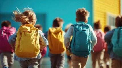 Fototapeta premium A group of joyful children runs excitedly, showcasing colorful backpacks against a vibrant background, symbolizing youth and adventure in a playground setting.
