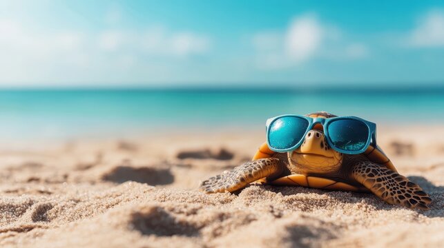 A cheerful turtle wearing stylish blue sunglasses relaxing on a sandy beach, embodying the essence of summer fun with a serene ocean backdrop under a clear sky.