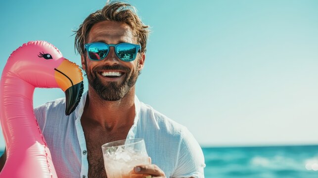 A happy man wearing sunglasses and holding a pink flamingo floatie on a vibrant beach, perfectly capturing the joyful essence of summer fun and relaxation by the sea.