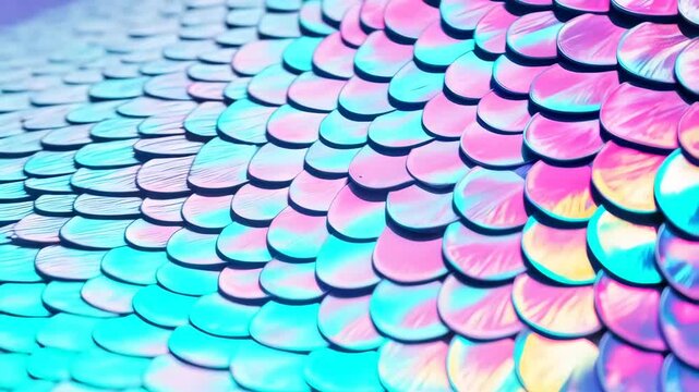 Close-up of iridescent scales in vibrant gradient colors, pink, blue, and purple, in an overlapping pattern