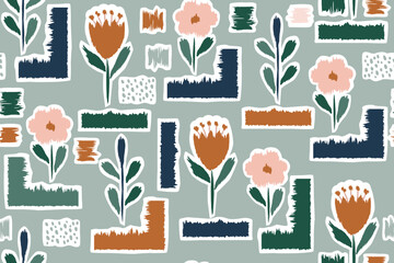 Modern art scandinavian seamless pattern of flowers and geometric shapes, wrinkled edges. Fabric design, interior, wallpaper, underwear, cover