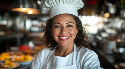 A joyful chef in a bustling restaurant kitchen, showcasing culinary passion and creativity, embodying the essence of hospitality and the joy of preparing delicious meals.