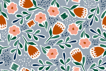 Modern art floral seamless floral pattern of flowers leaves geometric shapes, wrinkled edges, sticker outline. Fabric design, interior, wallpaper, lingerie, slipcover