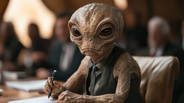 An alien character sitting at a conference table, dressed in formal attire and writing notes, portrays a humorous intersection of extraterrestrial life and human business culture.