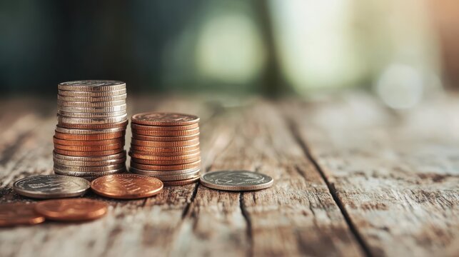 A beautiful arrangement of stacked coins illuminated by natural light, creating a sense of warmth and highlighting their textures and details for financial reflections. - Powered by Adobe