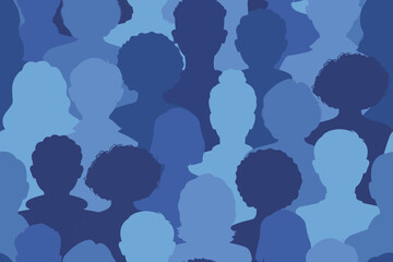 Silhouettes of anonymous diverse people seamless pattern. Multiethnic diversity, community of men and women, group, collective. Vector illustration in blue colors
