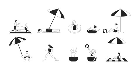 Obraz na płótnie Canvas Diverse bathers enjoying beach activities 2D line characters set. Sunbathing relaxing under umbrellas, swimming isolated vector ink outline people faceless. Monochrome spot illustrations collection