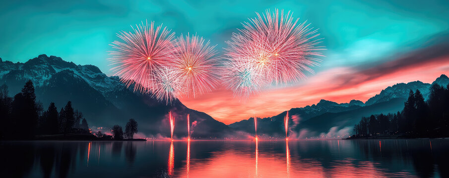 Breathtaking New Year Eve scene featuring vibrant fireworks illuminating night sky over serene lake, surrounded by majestic mountains and lush trees. colorful reflections create magical atmosphere