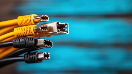 An artistic array of colorful cables arranged on a rustic wooden table, showcasing their intricate designs and textures, creating a vibrant and dynamic visual appeal.