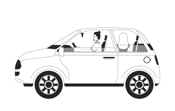 Fototapeta European couple driving in compact car 2D line characters. Road trip, travel. Man driver, woman sitting in passenger seat isolated vector ink outline people. Monochromatic spot illustration