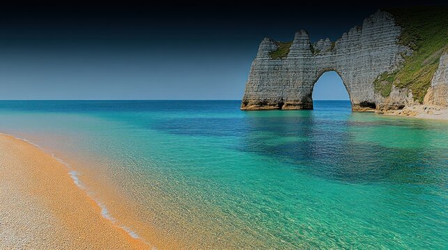 Coastal archway, turquoise waters, sandy beach