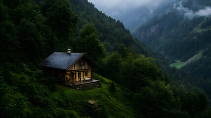 Fototapeta premium A rustic wooden cabin perched on a hilltop in the Alps, offering stunning views of the surrounding mountains and lush valleys.