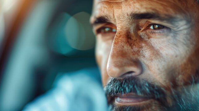 A close-up of a man lost in deep thought while seated in a car, showcasing intense emotions reflected in his facial features and piercing gaze, evoking a sense of introspection.