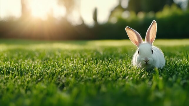 A cute white rabbit comfortably nestled in the lush green grass, exemplifying innocence and tranquility in nature's embrace during a serene golden hour. - Powered by Adobe