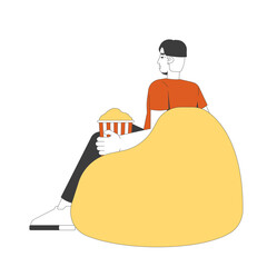 Young chinese man enjoying popcorn on bean bag 2D cartoon character. Snack time. Movie night. Asian boy with striped bucket in beanbag flat vector person isolated on white. Spot illustration colorful