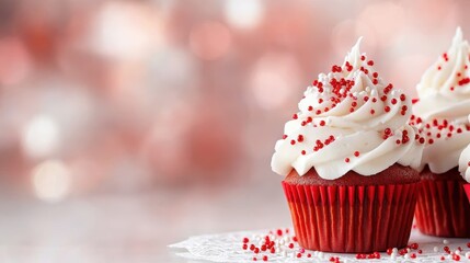 A beautifully decorated red velvet cupcake topped with creamy frosting and vibrant red sprinkles, perfect for any celebration or sweet treat occasion.