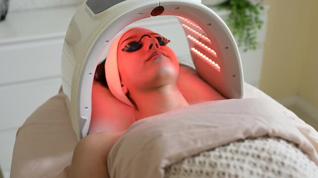 Woman undergoing led light therapy facial treatment