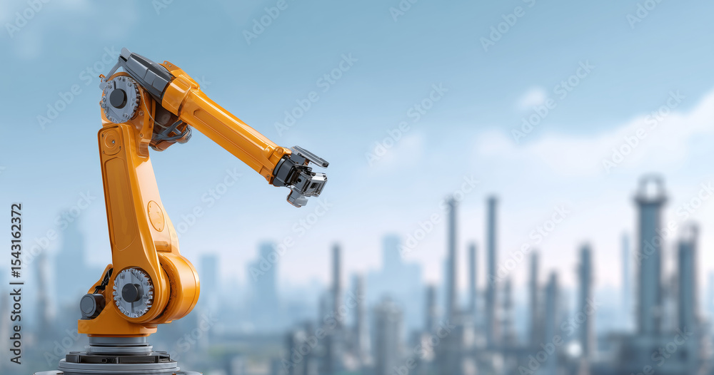 Poster A robotic arm operates in an industrial area, focusing on navigation and transport of cargo. The advanced technology monitors tracking systems in a modern facility under a clear sky.