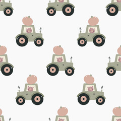 Seamless pattern with tractor and cute pig. Kids background. For card, posters, banners, books, printing on the pack, clothes, fabric, wallpaper, textile or dishes.
