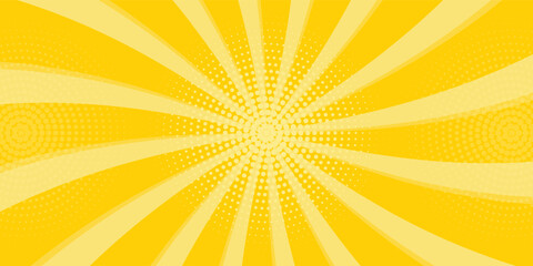 Yellow abstract background with light of sunburst. yellow starburst with halftone. sun ray retro background with flash
