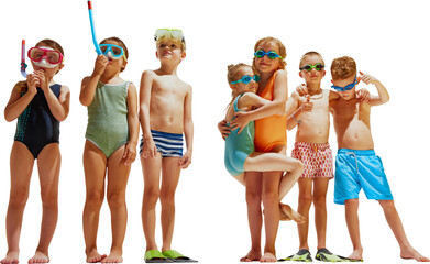 Group of children in swimwear and goggles stand and pose in a bright studio setting, ready for fun and summer water adventures. Concept of playful branding for sun care, pool products