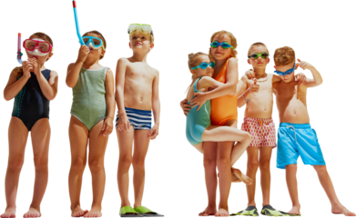 Group of children in swimwear and goggles stand and pose in a bright studio setting, ready for fun and summer water adventures. Concept of playful branding for sun care, pool products