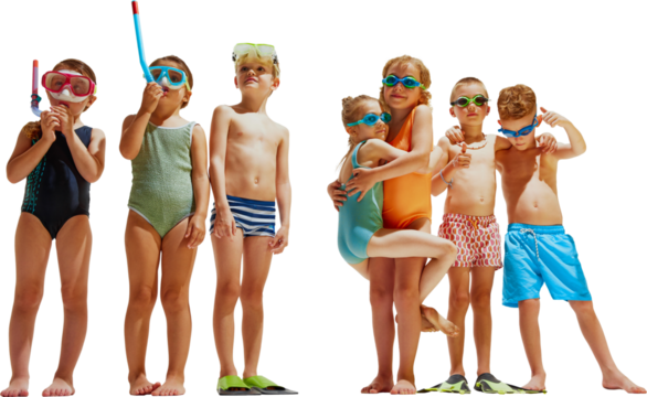 Group of children in swimwear and goggles stand and pose in a bright studio setting, ready for fun and summer water adventures. Concept of playful branding for sun care, pool products