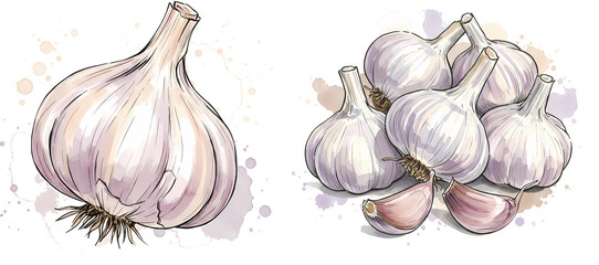 A watercolor style drawing of garlic bulbs with one isolated and a group of them together on transparent background