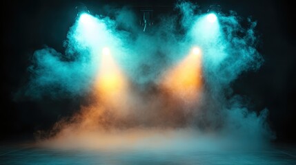 An enigmatic scene of colorful lights shining through a foggy environment, creating a dramatic atmosphere that stirs intrigue and excitement in the viewer.