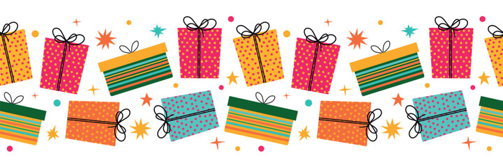 Colorful Gift Boxes Seamless Border. Vivid vector illustration featuring colorful gift boxes adorned with ribbons and patterns.