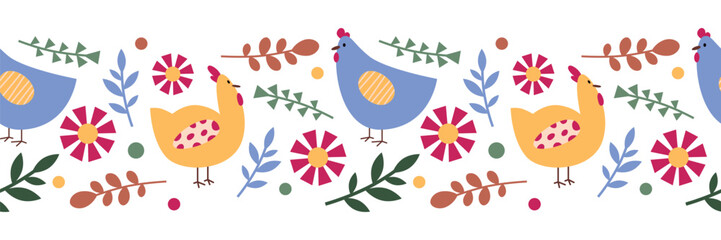 Colorful Chicken and Flower Seamless Border. Colorful Chicken and Flower perfect for decorative designs, with a lively and cheerful vibe.